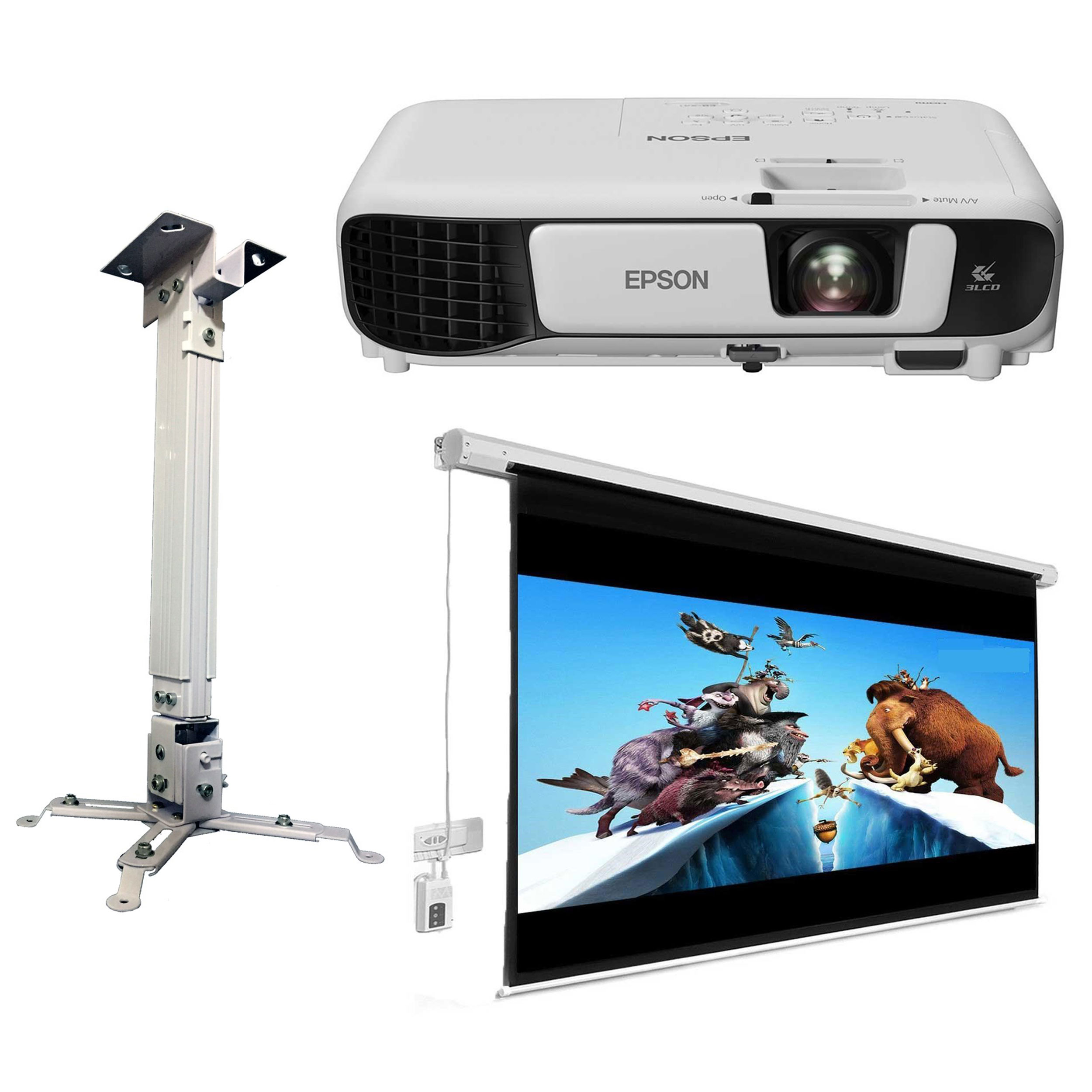 پروژکتور اپسون مدل eb x41 به همراه پرده نمایش برقی پروژکتور اسکوپ و پایه پروژکتور اسکوپ