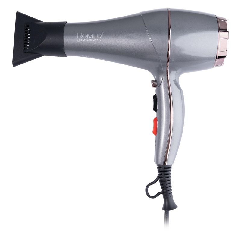 سشوار حرفه‌ای 2200 وات رومئو مدل rm 5858 موتور ac وزن 450 گرم المنت فلز دارای سری متمرکز‌کننده باریک با ویژگی صاف‌کنندگی حجم‌دهندگی با قابلیت تنظیم دما باد سرد