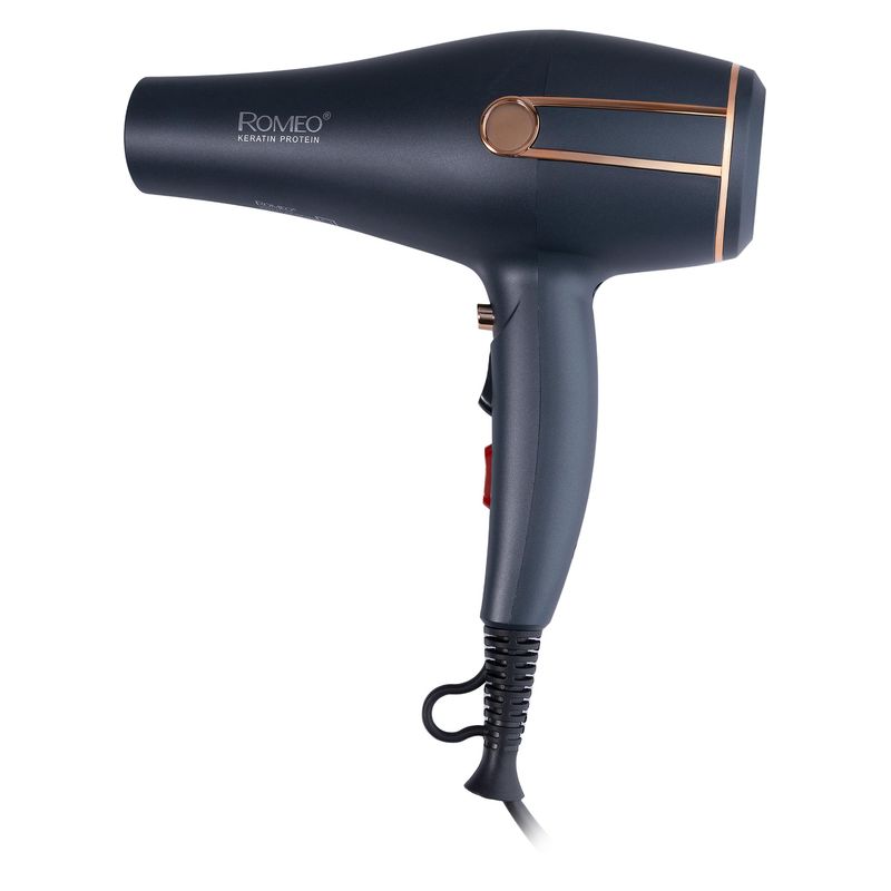 سشوار حرفه‌ای 2400 وات رومئو مدل rm 5050 موتور ac وزن 450 گرم المنت فلز دارای سری متمرکز‌کننده باریک متمرکز‌کننده پهن با ویژگی صاف‌کنندگی حجم‌دهندگی با قابلیت تنظیم دما باد سرد