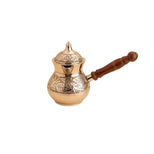 قهوه جوش برنجی مدل درب دار دسته چوبی 2.3 cup