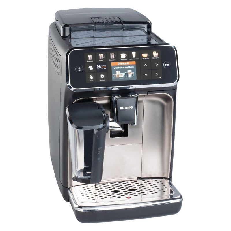 قهوه‌ساز فیلیپس مدل ‎ep5447_90 ظرفیت دم‌آوری دو فنجان با فیلتر قابل تعویض دارای دکمه لمسی آسیاب قهوه تعیین شدت عطر قهوه تنظیم دما سیستم pre infusion و مکانیزم نظافت خودکار